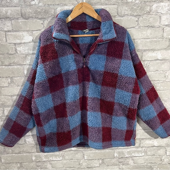 Eddie Bauer Women's XXL Plush Plaid Checkered Teddy Sweater 1/4 Zip Pullover - Picture 2 of 14